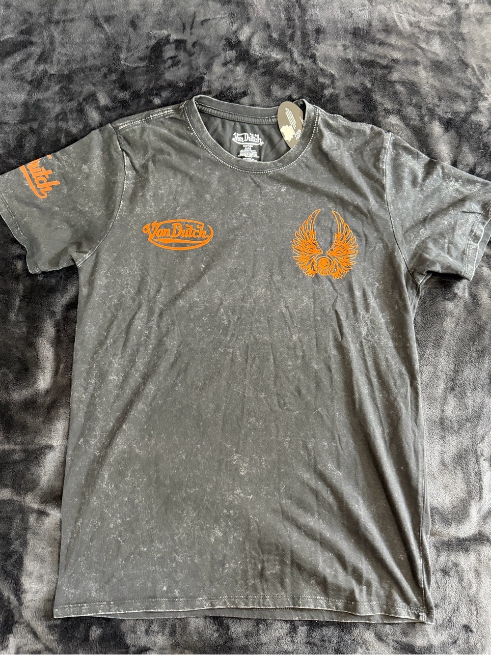 Von Dutch Men's Black Mineral Wash Tee with Orange Logo M